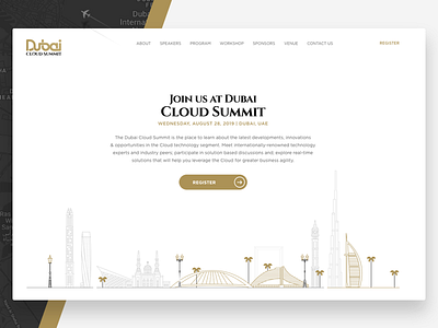 Dubai Cloud Summit Landing page branding cloudsummit contemporary dubai event flatdesign golden iconic kabilansa landingpage royal summit website