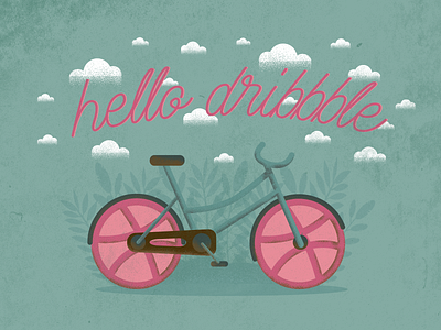 Hello Dribbble! bike cloud color debut design flat illustration plants retro vector vintage