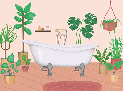 Jungle Bathroom affinitydesigner bathroom bathtub illustration illustration art monstera pink plant illustration relaxing vector
