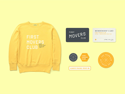 First Movers Club Merchandise badge branding bumble card club design identity lockup logo membership sticker typography yellow