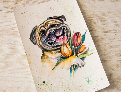 dog with the tulips, watercolor postcard apparel drawing hand painted illustration paint painting style