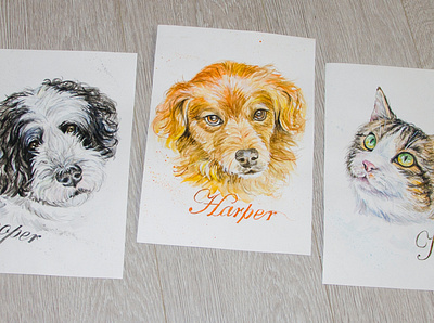 watercolor portrait, two dogs and a cat, A3 art drawing fashion hand painted handmade illustration paint painting