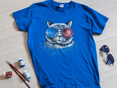 hand painted t-shirt, cat with glasses, hand painted clothes apparel branding cat design fashion hand painted handmade paint painting style wear