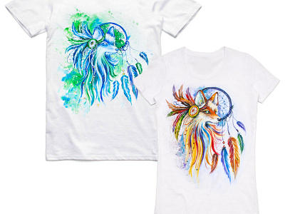 paired hand-painted t-shirts, fox and dreamcatcher, customiza