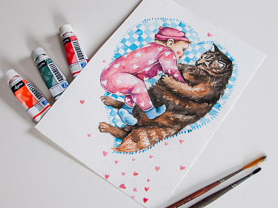 Watercolor illustration, postcard, baby and cat, big love