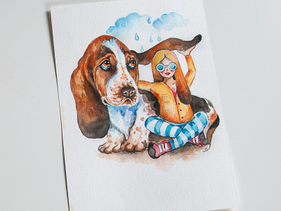 Watercolor illustration, dog and girl, postcard to a friend, aqu aquarelle art book illustration dog girl illustration paint painting postcard watercolor