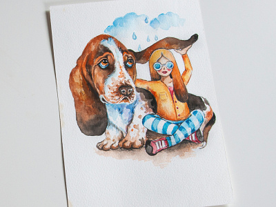 Watercolor illustration, dog and girl, postcard to a friend, aqu