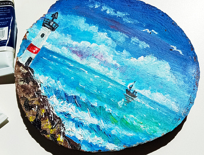 Oil painting on a slice of a tree, sea, painting of the sea, Lig art design hand painted handmade lighthouse oil art painting sea wood