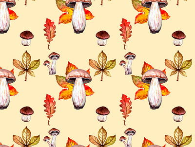 autumn watercolor pattern, leaves and mushrooms, autumn autumn design fall graphic design hand painted illustration painting pattern watercolor