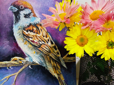 Bird oil painting, oil art, gift, Wall decor, Birds, picture graphic design handmade art