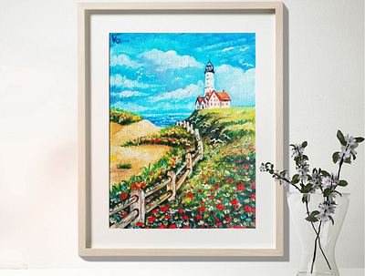 lighthouse on the coast, Mini painting, seashore and lighthouse, original gift paint painting