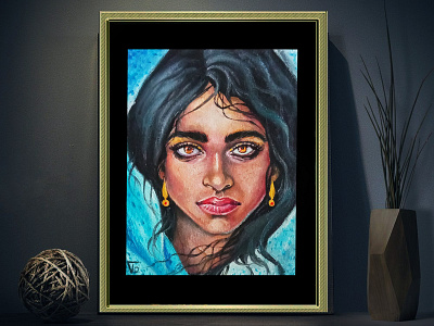Portrait of a girl, oil paints, gypsy, witch, girl face, graphic design hand painted oil portrait