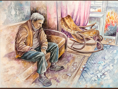 War in Ukraine, an old man in a destroyed apartment, watercolor