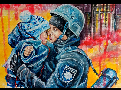 War in Ukraine, dad and son, original painting, acrylic