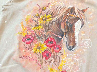 Oversized dress, hand-painted, horse and flowers branding design dress fashion hand-painted handmade horse and flowers painting style