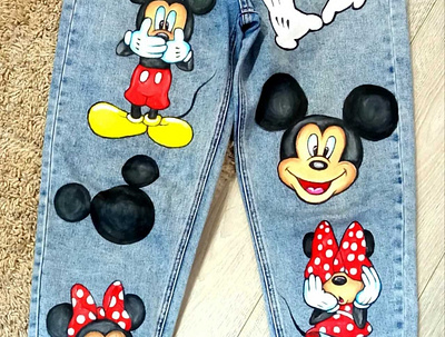 Mickey and Minnie, hand painted, jeans, moms branding design fashion hand painted handmade moms painting style