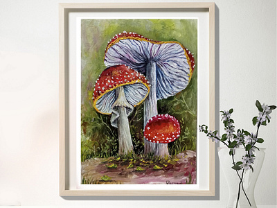 Fly agaric, mushrooms, forest, amanita, oil painting, original