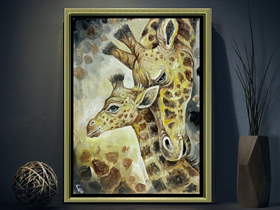 Oil painting Giraffes, tropics mom and daughter