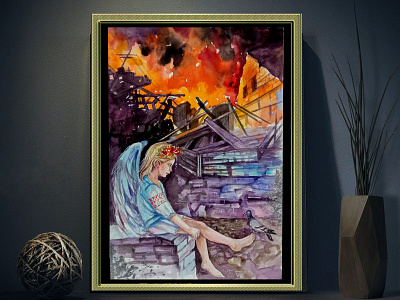 War in Ukraine, Watercolor original painting, Baby Angel baby angel and bird hand painted handmade paint painting war and children watercolor original painting