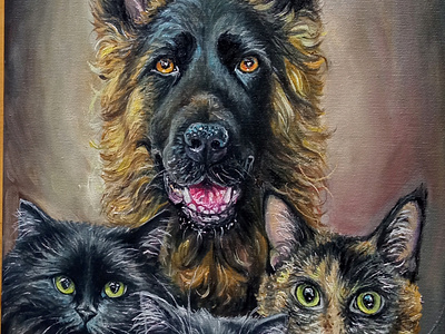 Portrait of dogs and cats, oil and canvas, painting