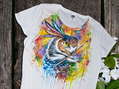 Hand-painted T-shirt, colored owl with the brush, handmade apparel branding design fashion hand painted handmade illustration wear