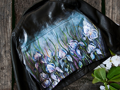 Hand-painted clothing, irises on the jacket apparel art branding design drawing fantasy fashion flower hand painted handmade illustration irises jacket nature paint painting picture style wear woman