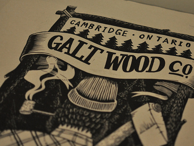Galt Wood Co. Proof black and white bold bw illustration linocut poster