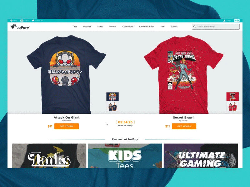 TeeFury Home Page, the fancy version. ecommerce get fancy parallax teefury ui ux web design