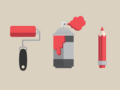 Tools art artist designer paint pencil pink red roller set spray tools
