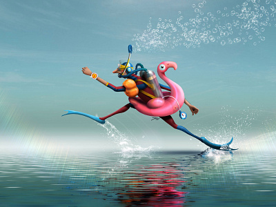 "Not On Your Life Mate" - @AdamParsonsART adamparsonsart digital art diver flamingo flamingos running water