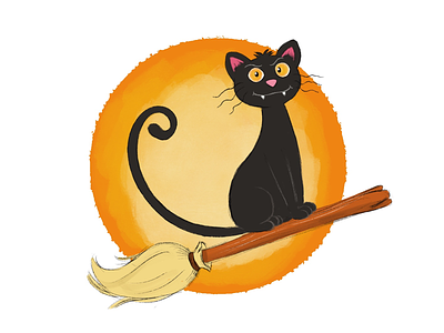 Black Cat on a Broom black broom cartoon cat character design illustration