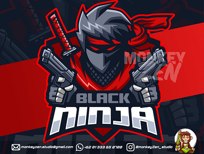 ninja with guns mascot esport logo design black charachter design e sport esport game gamer gun handgun katana logo mascot ninja ronin sport sword twitch
