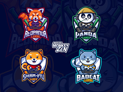 Cute Character Mascot Gamer Design cat charachter design dog e sport esport game gamer logo mascot panda red panda shiba inu vector