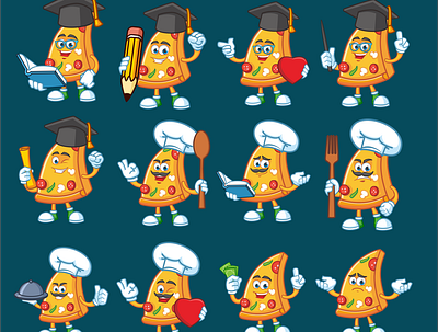 PIZZA mascot cartoon charachter chef design graduate logo love mascot money mustache pizza spoon spork