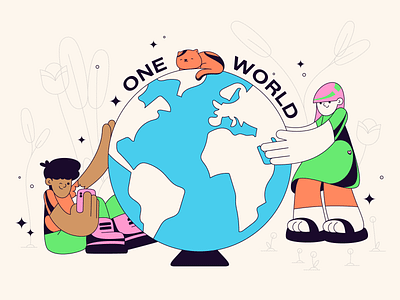 One World animal boy cat character digital earth girl illustration illustrator planet product vector world