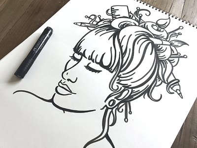 She's Creative artist creative drawing girl hand drawn illustration ink painter portrait