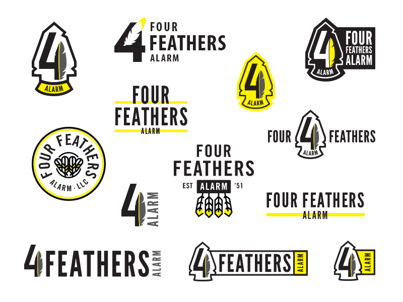 Four Feathers Logo Concepts security alarm feather modern branding emblem 4 arrowhead illustration lockup typography logo
