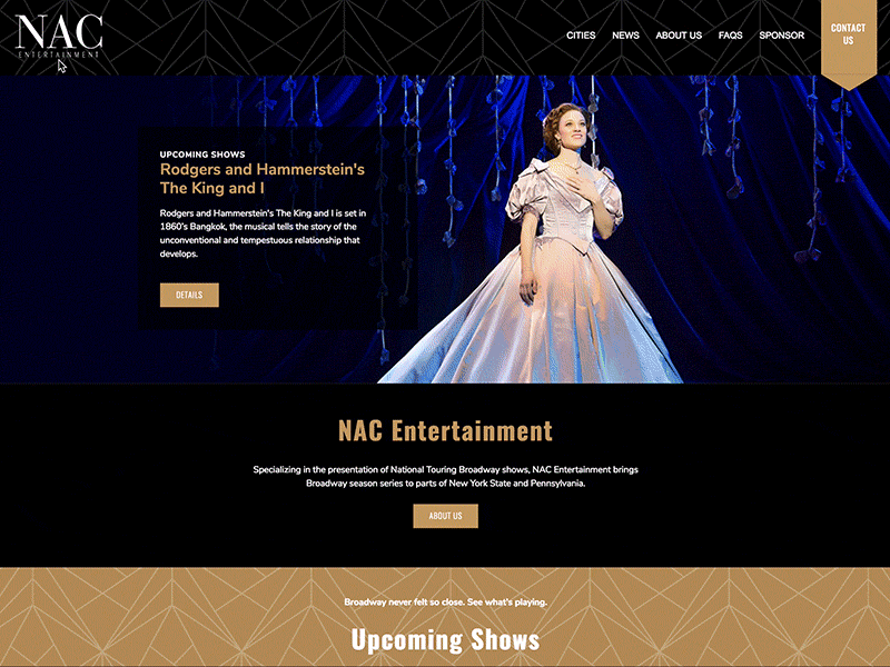 Custom approach to national touring Broadway site art arts dark design digital entertainment logo menu navigation ui ux web