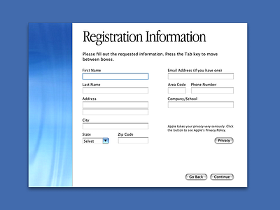 Mac OS X Registration Screen apple aqua form mac mac os x registration system