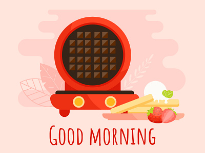 Good morning with waffles adobe bake belgian belgian waffles breakfast cook cooker illustration illustrator kitchen pink red retro vector waffle web design