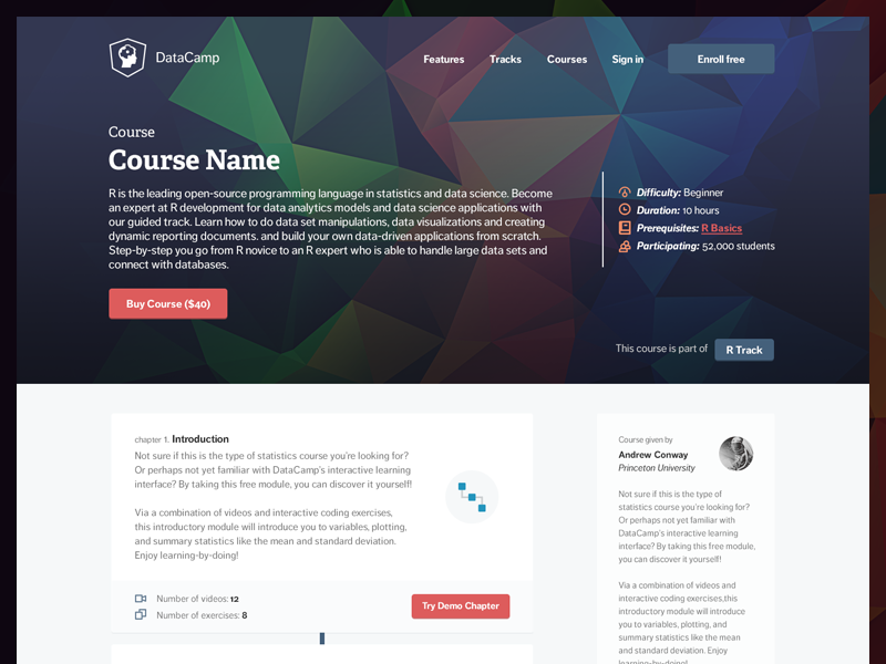 Datacamp - Course details r education polygon hero details icons material design