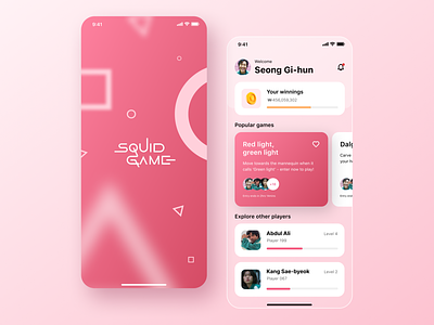 Squid Game App Concept app branding design gradient graphic design mobile netflix pink squidgame typography ui uidesigner ux uxdesigner vector