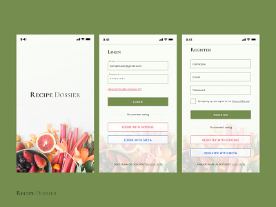 Recipe Dossier | E-Recipe Book authentication clean design electronic cook book login minimal design mobile app recipes registration sign in sign up