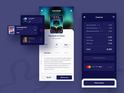 E-Book store application app author cart screen checkout page colorful corporate design dark ui design detail page e book app glassmorphism minimal design mobile app ui design online book store online shop online store trend trendy design ui ux