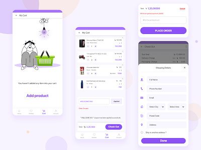 E-commerce cart screen app app 2022 app ui cart page cart screen colorful design e commerce grocery minimal design mobile app modern app purple app shopping store trendy design ui user experience design user interface design ux