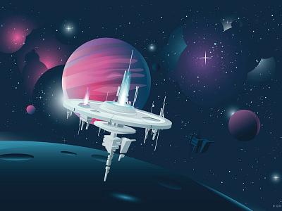 Orbital station in deep space - whole scene adobe art dark glow illustration illustrator orbital planet space stars station universe vector