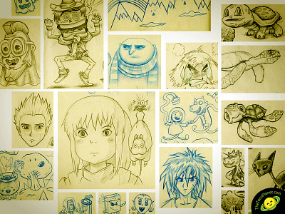 Compilation of sketch drawings cartooning characters doodle drawing illustration moleskine pencil sketch sketchbook sketching