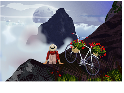fog in the mountains bicycle flowers fog hat illustration moon mountains pattern vector