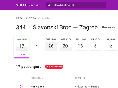 Vollo Partner page admin bus calendar dashboard data ui ux vollo web interface