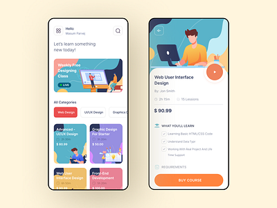 Online Course Mobile App clean e leaining app education learning mobile app online class online course ui ux video